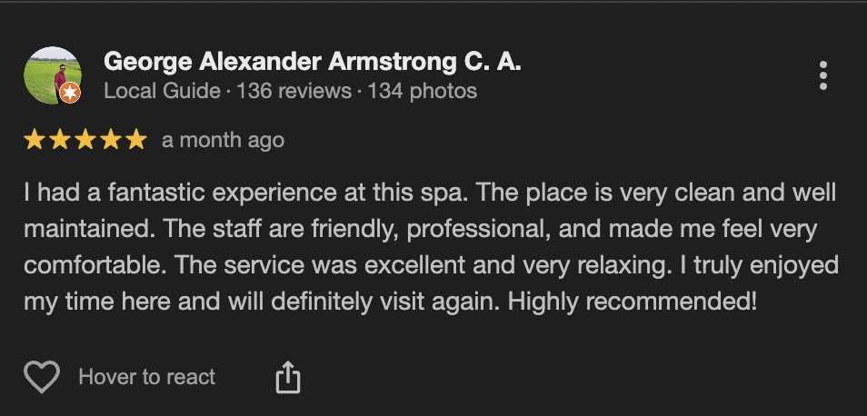 Real 5-star Google review: I had a fantastic experience at this spa...