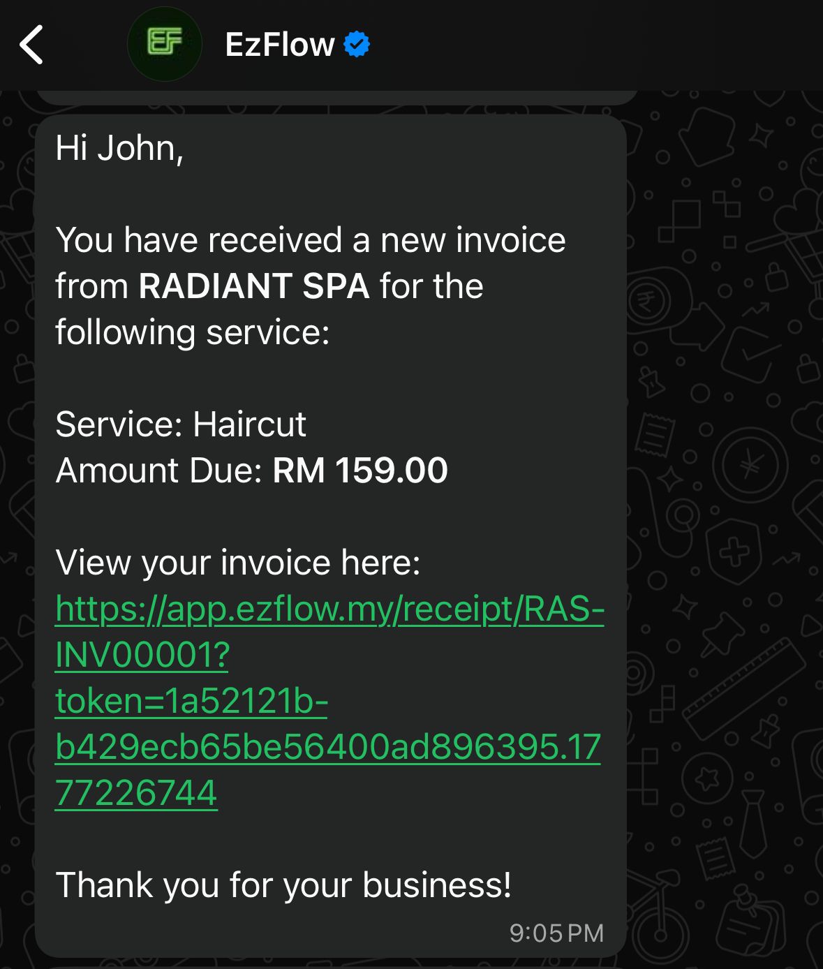 EzFlow WhatsApp invoice with payment link