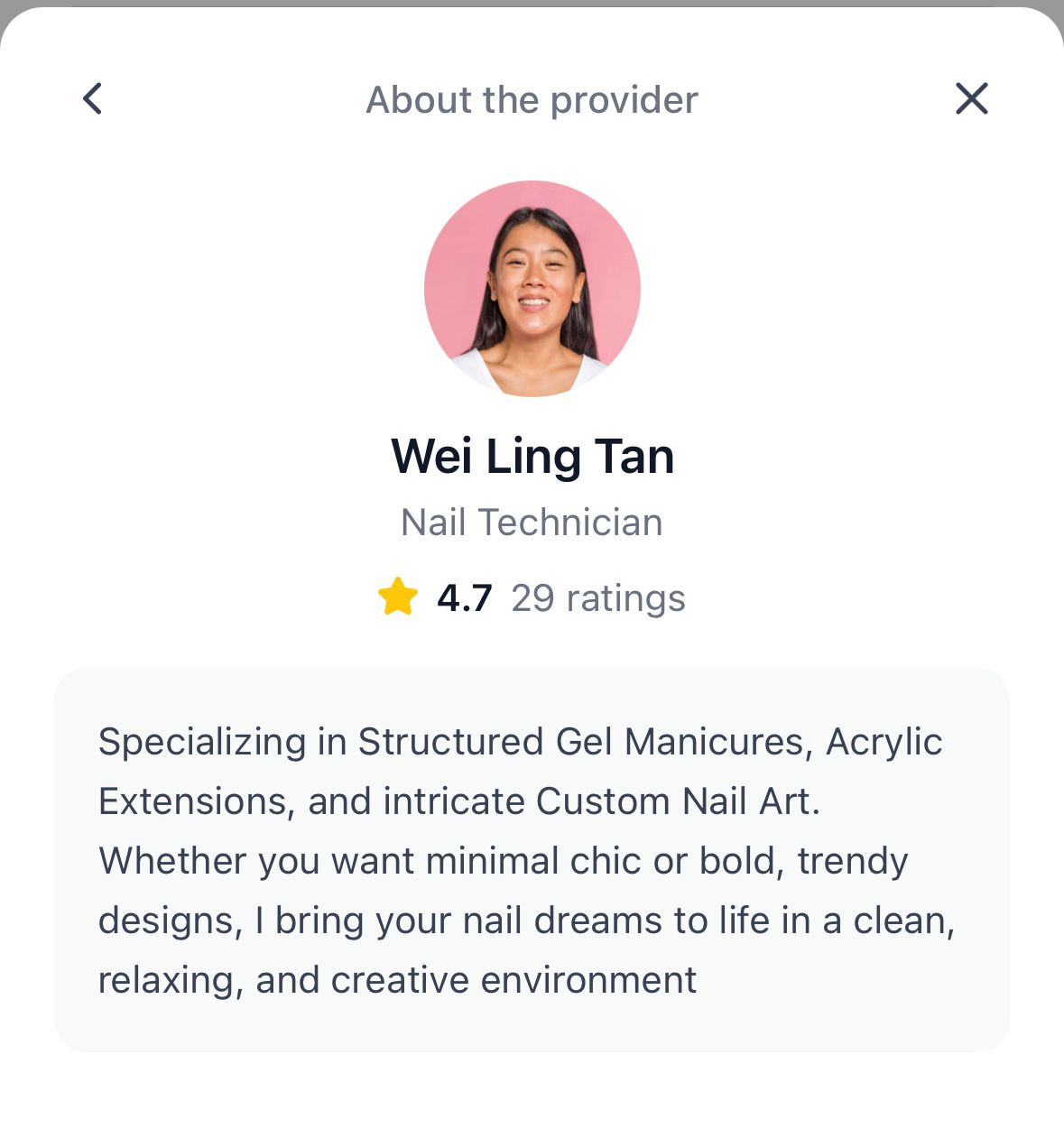 EzFlow public booking page showing staff profile with rating